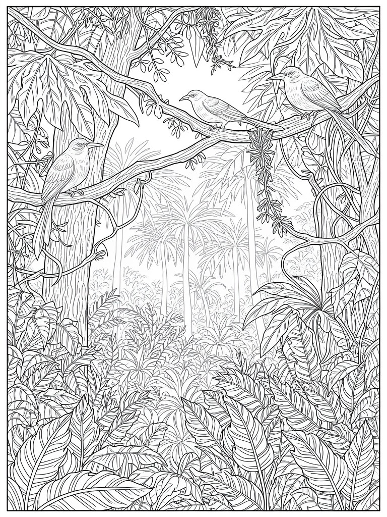 Line art coloring page depicting birds on branches surrounded by detailed jungle foliage and distant palms.