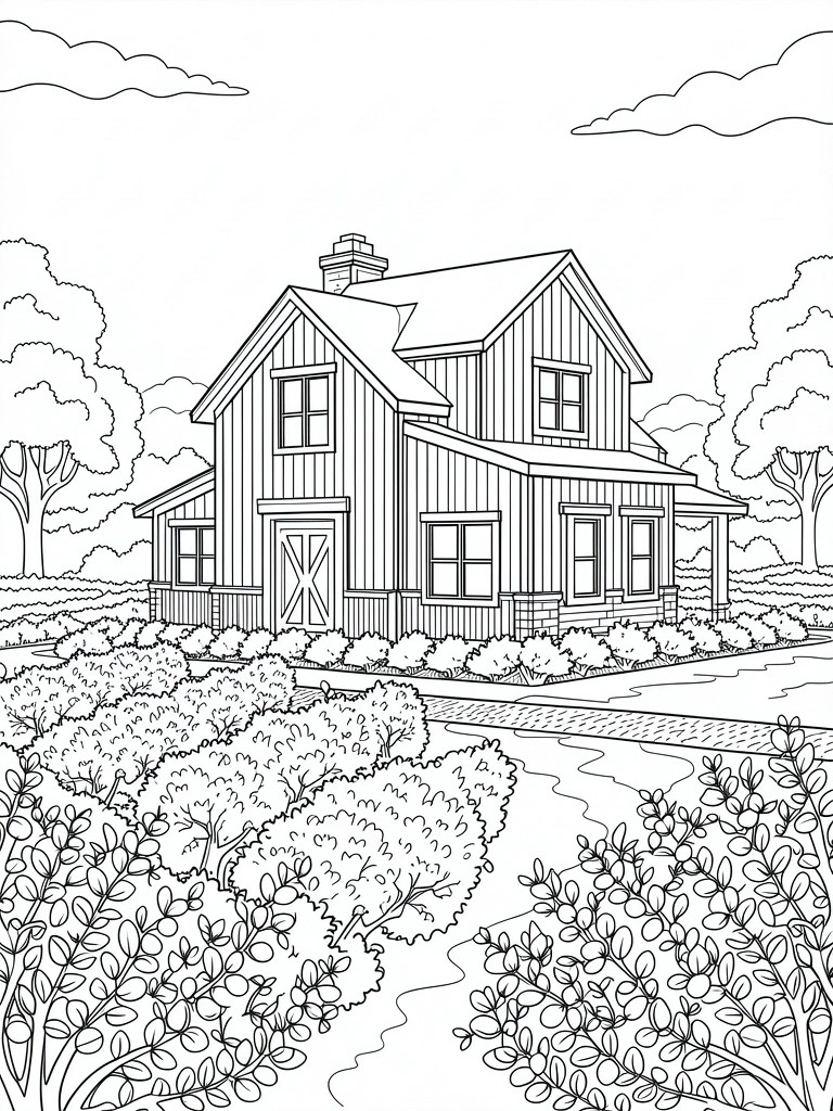 Line art of a modern farmhouse with vertical siding, barn door, porch, surrounded by bushes, trees, path, and cloudy sky.