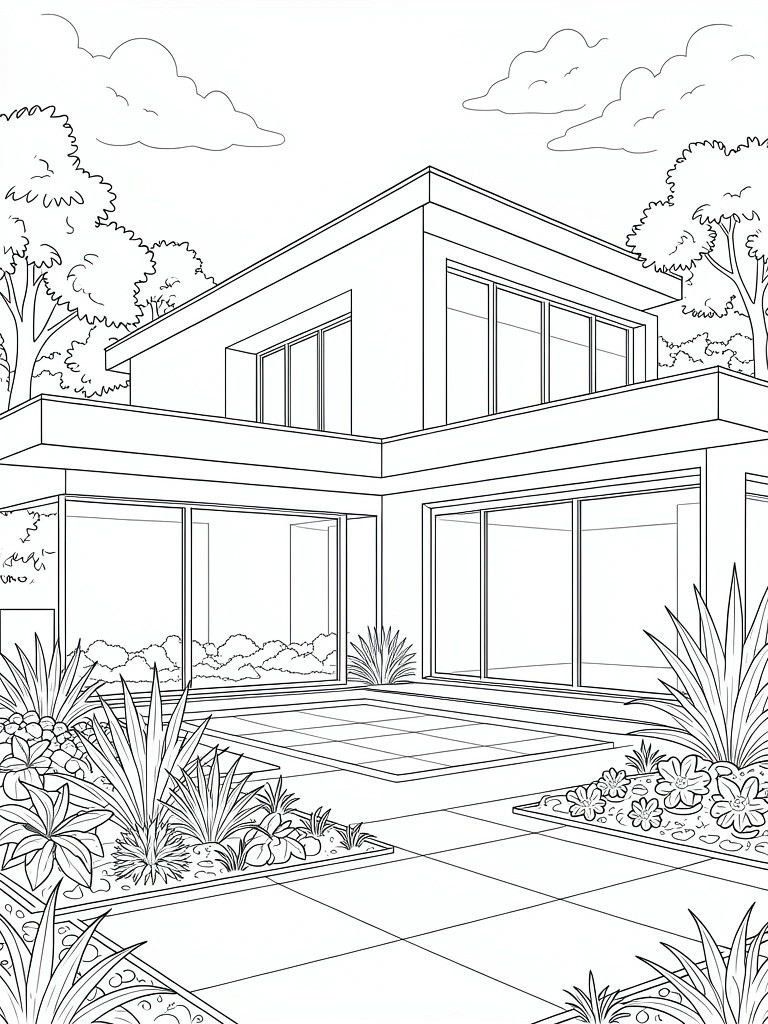Line drawing of a modern corner house with large windows, patio, pathway, agave plants, flowers, and background trees.