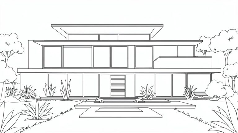 Line drawing of a modern corner house with large windows, patio, pathway, agave plants, flowers, and background trees.