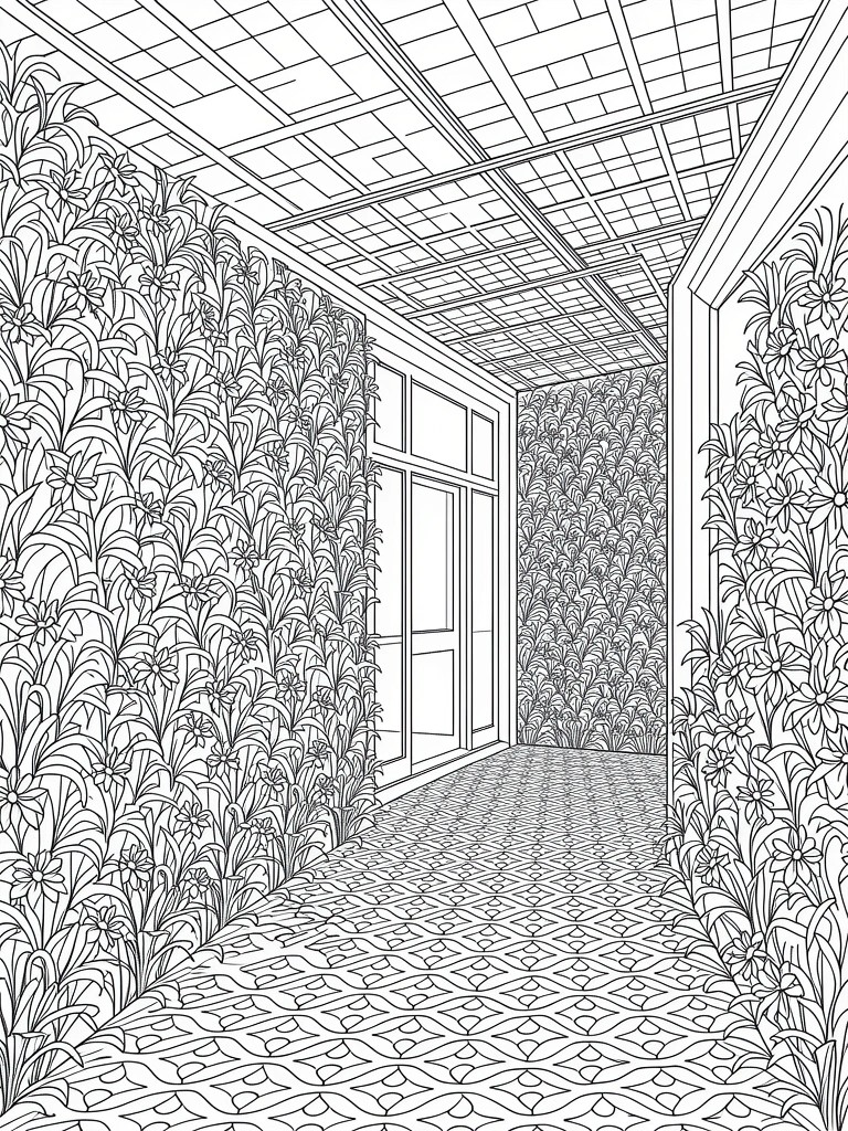 Line drawing of a long modern corridor with dense plant patterns on walls, grid-patterned ceiling, tiled floor, and glass doors ahead.