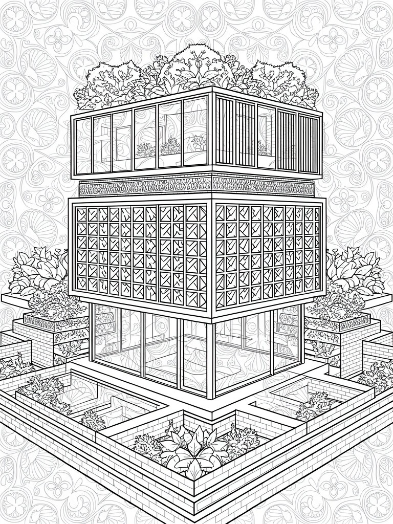 Line art of a multi-level modern house with lattice screens, glass walls, rooftop and garden plants in isometric view.