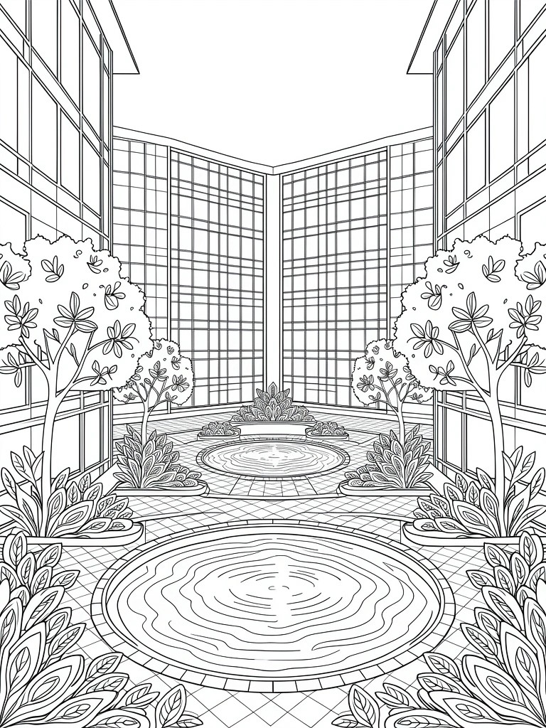 Line art coloring page depicting a perspective view into a modern glass-walled atrium courtyard with trees, shrubs, circular pools, and fountains.