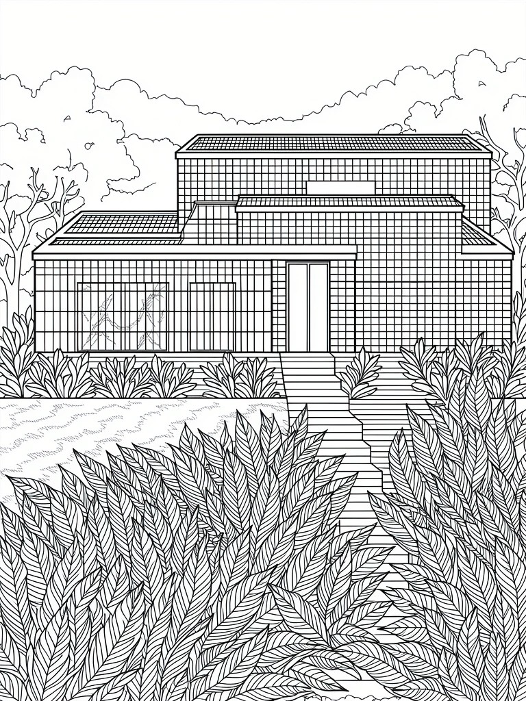 Line art of a modern house with grid facade and glass walls, framed by detailed spiky plants and backed by trees and clouds.