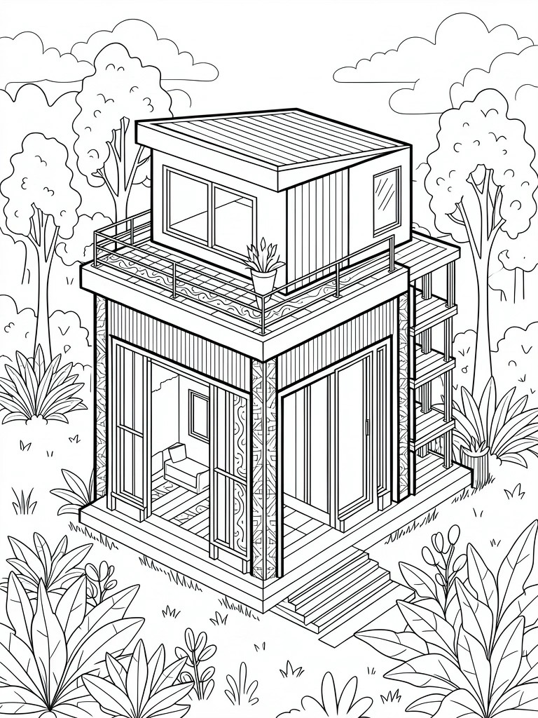 Line art of a boxy modern house with balcony and large windows amid tropical trees, ferns, and plants in isometric view.