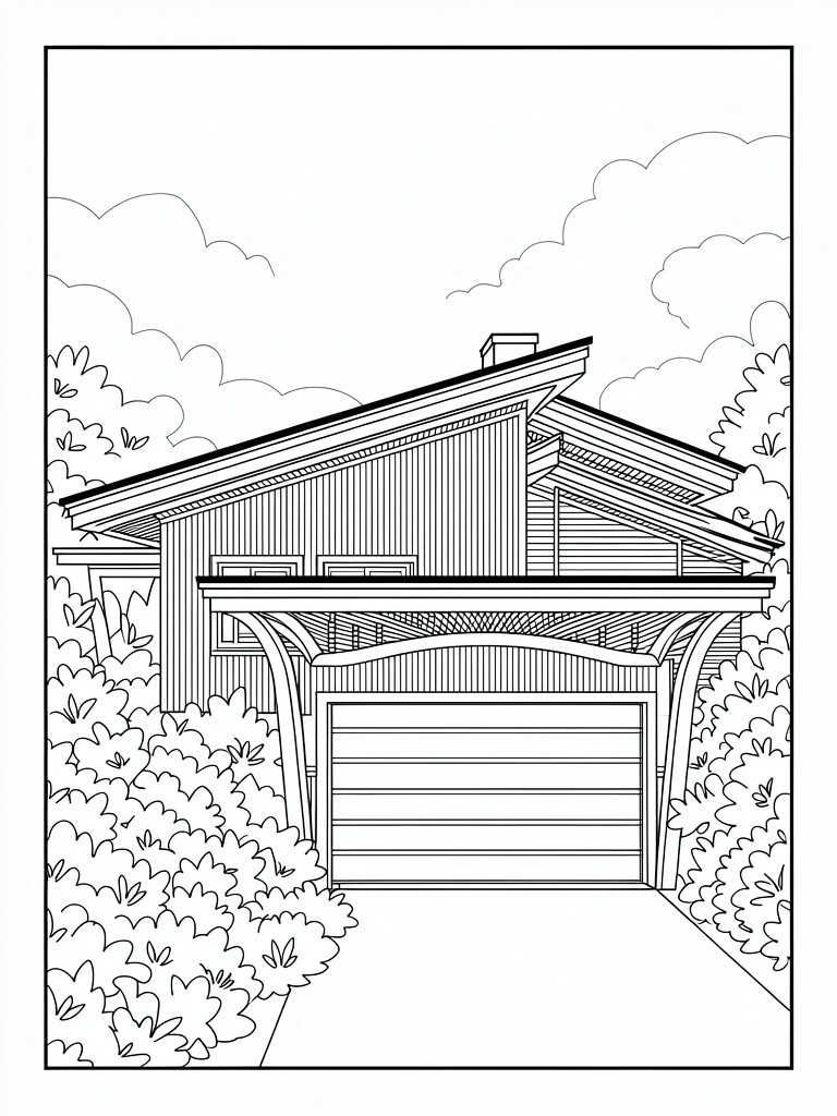 Line art of a modern angular house with wooden siding, open carport, bushes, trees, and cloudy sky.