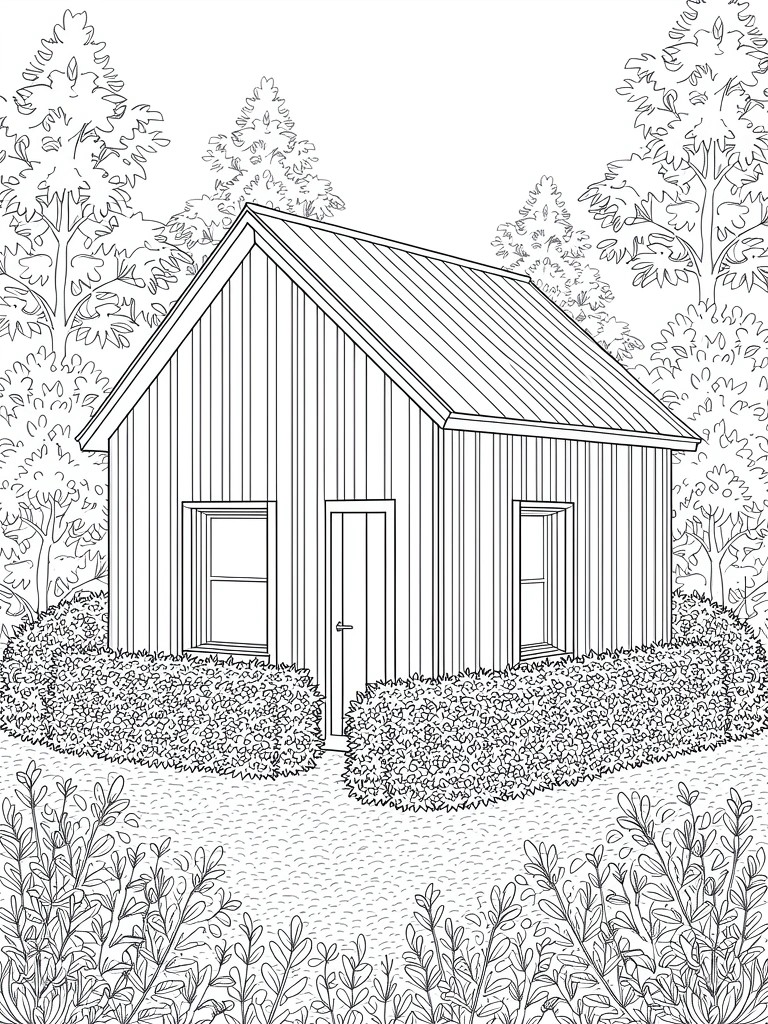 Line drawing of a wooden cabin with vertical siding, surrounded by trees, bushes, and ground cover.