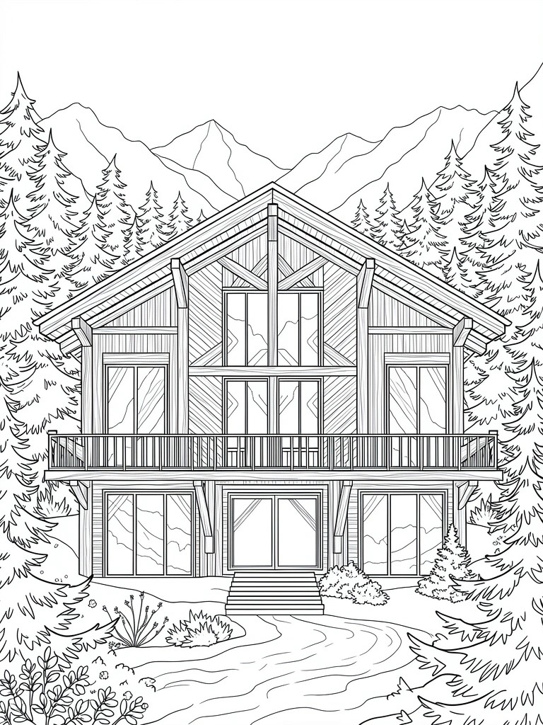 Line drawing of a wooden chalet house with balconies and large windows, surrounded by pine trees, mountains, and a foreground path.