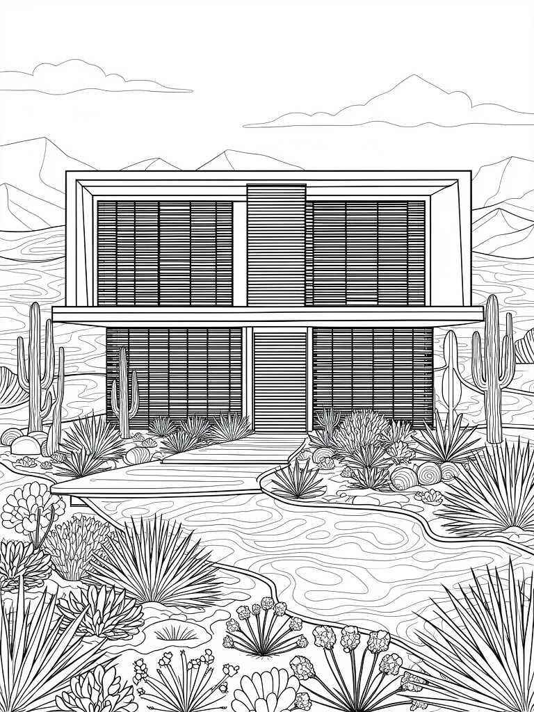 Line drawing of a modern rectangular house with slatted windows in a desert landscape featuring cacti, mountains, and rocky plants.