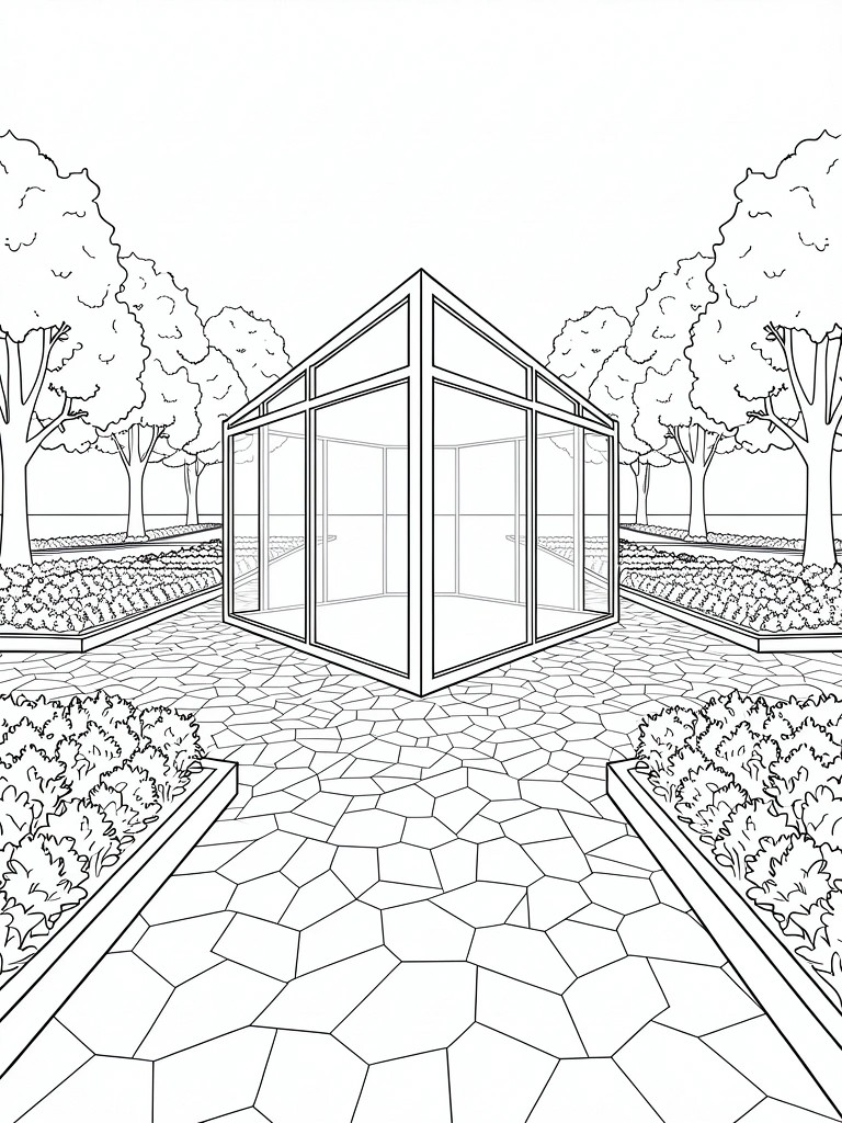 Line art of a central glass pavilion at the end of a pebble path, surrounded by trees and flower beds in a garden.