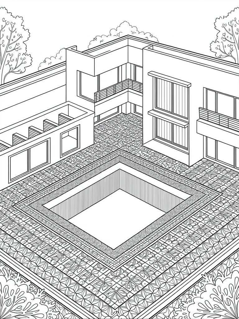 Line drawing of a modern house in isometric view surrounding a central courtyard pool with geometric tile patterns and trees.