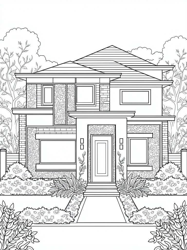 Line drawing of a modern two-story house featuring large patterned windows, brick siding, a front pathway, garden plants, and background trees.