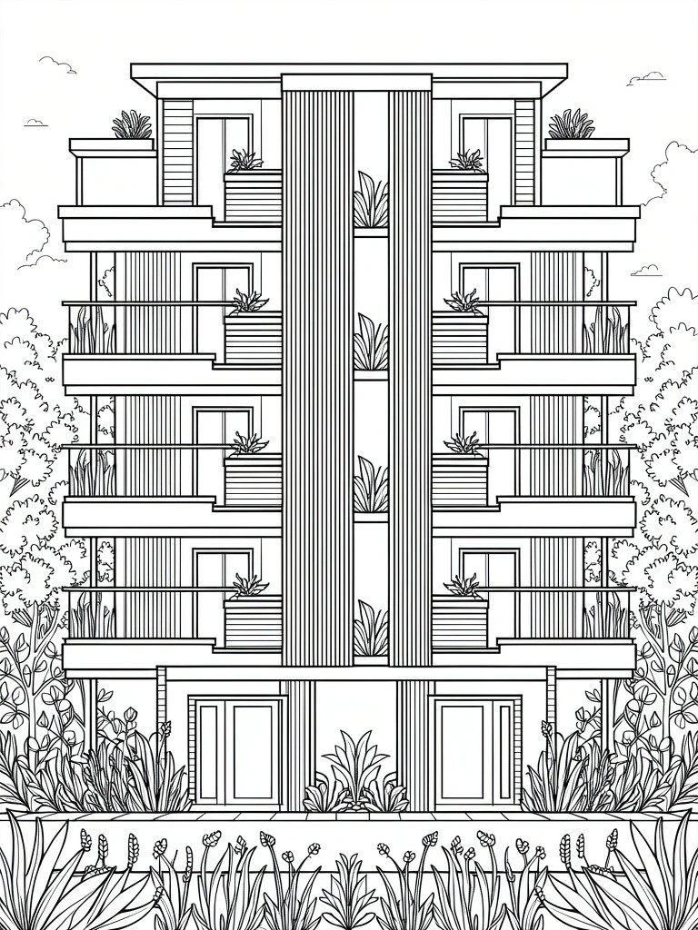 Line drawing of a modern multi-story apartment building with vertical fins, balconies, planters, and surrounding grasses.
