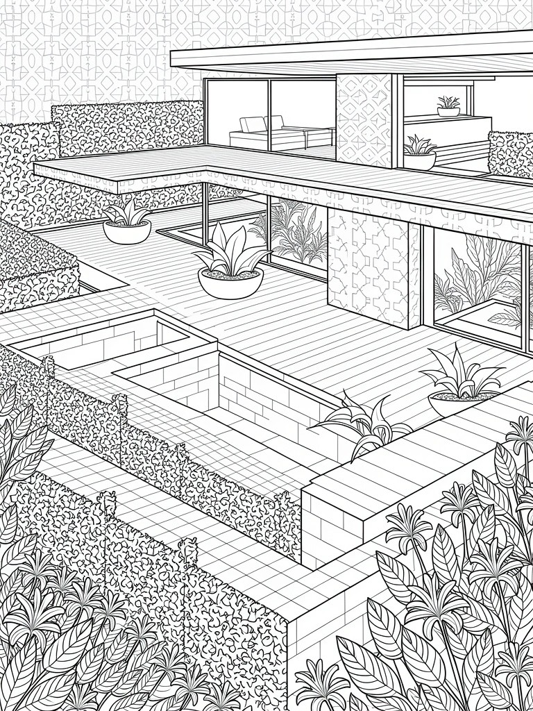 Line art of isometric modern house showing multi-level design, pool, deck, geometric patterns, and surrounding plants.
