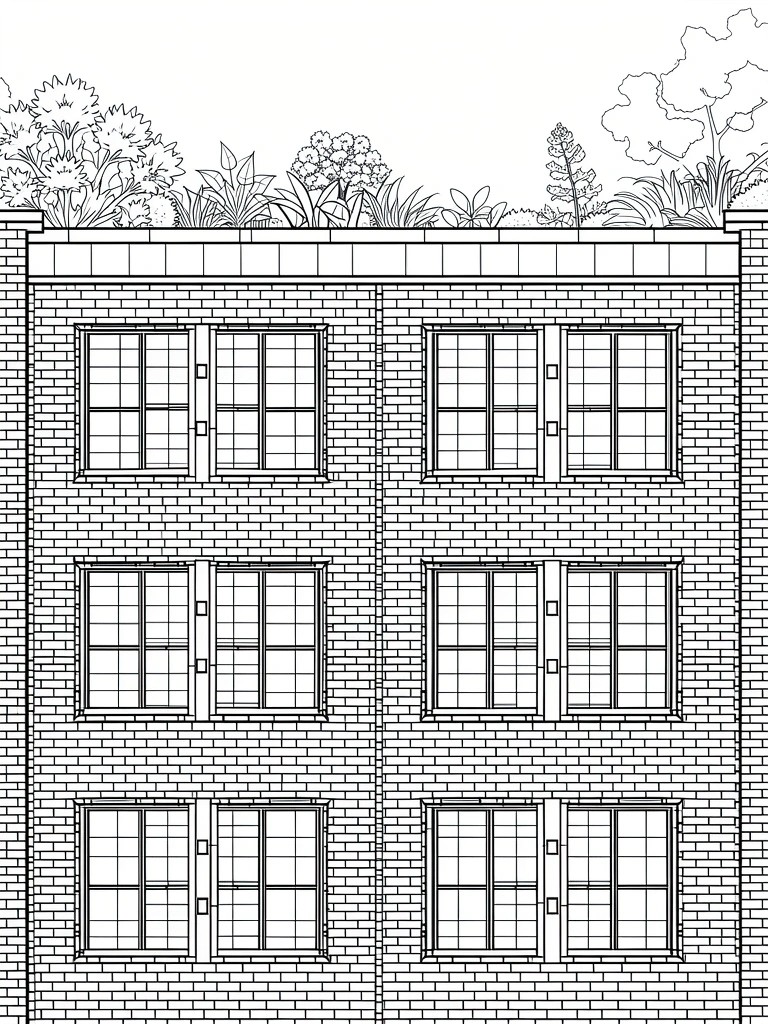 Line drawing of a four-story brick apartment building with symmetrical windows and a rooftop covered in plants and trees.