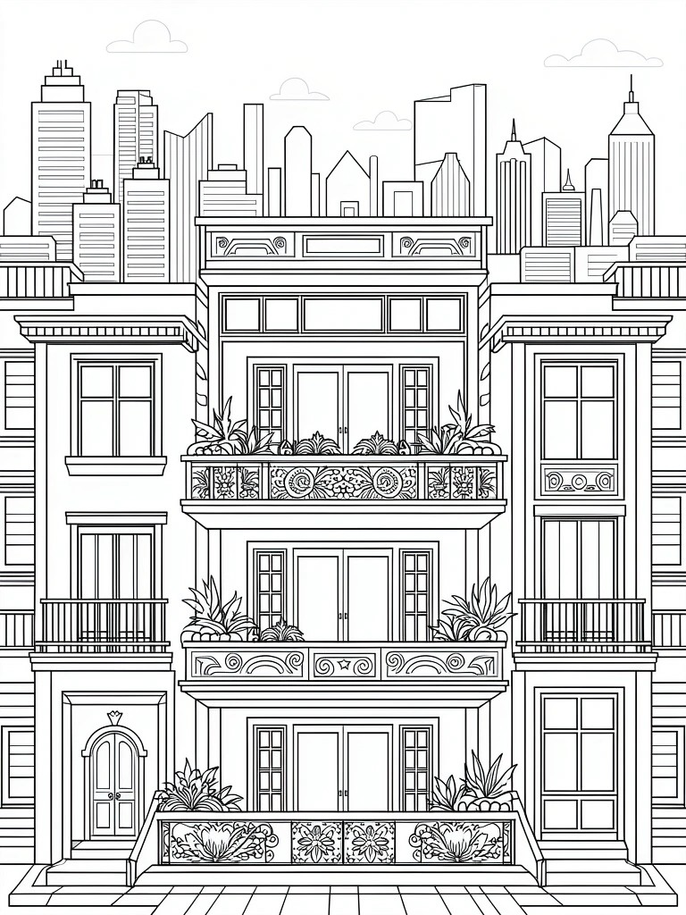 Line art of a detailed three-story brownstone with balconies, plants, and ornate details against a backdrop of tall skyscrapers and clouds.