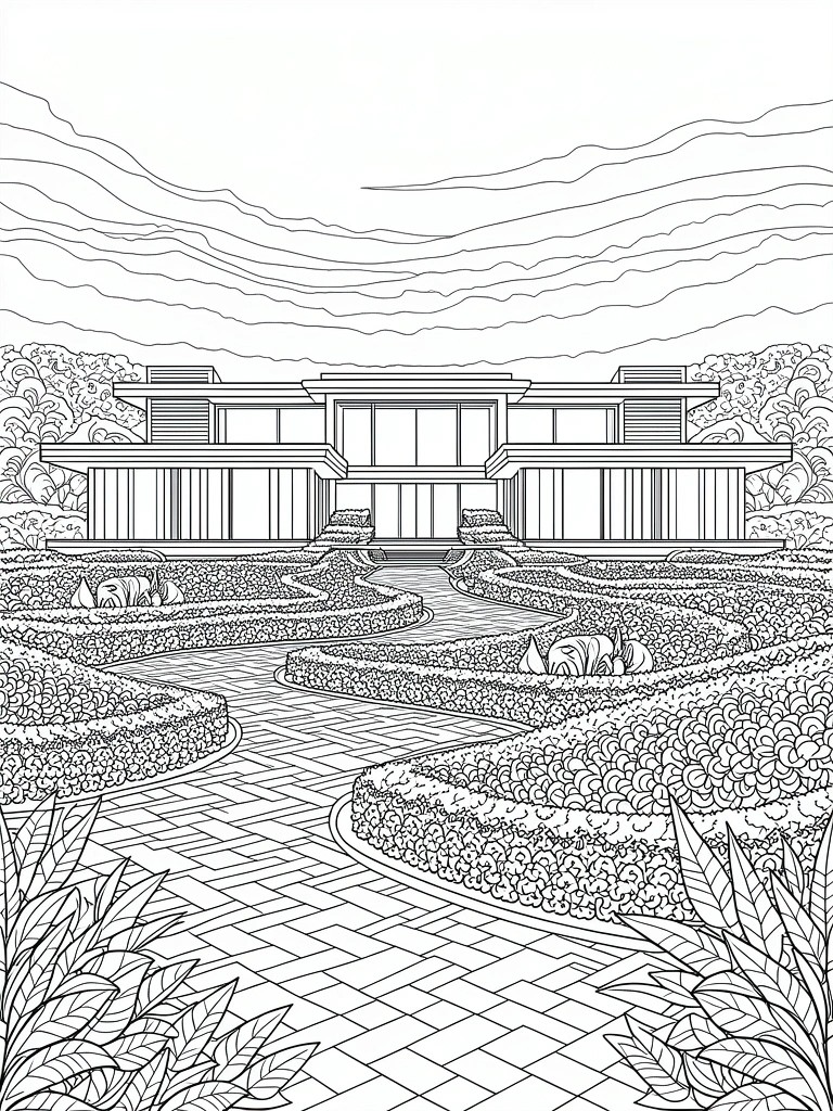 Line art of a modern house with glass walls and a front garden featuring winding paths and hedges.