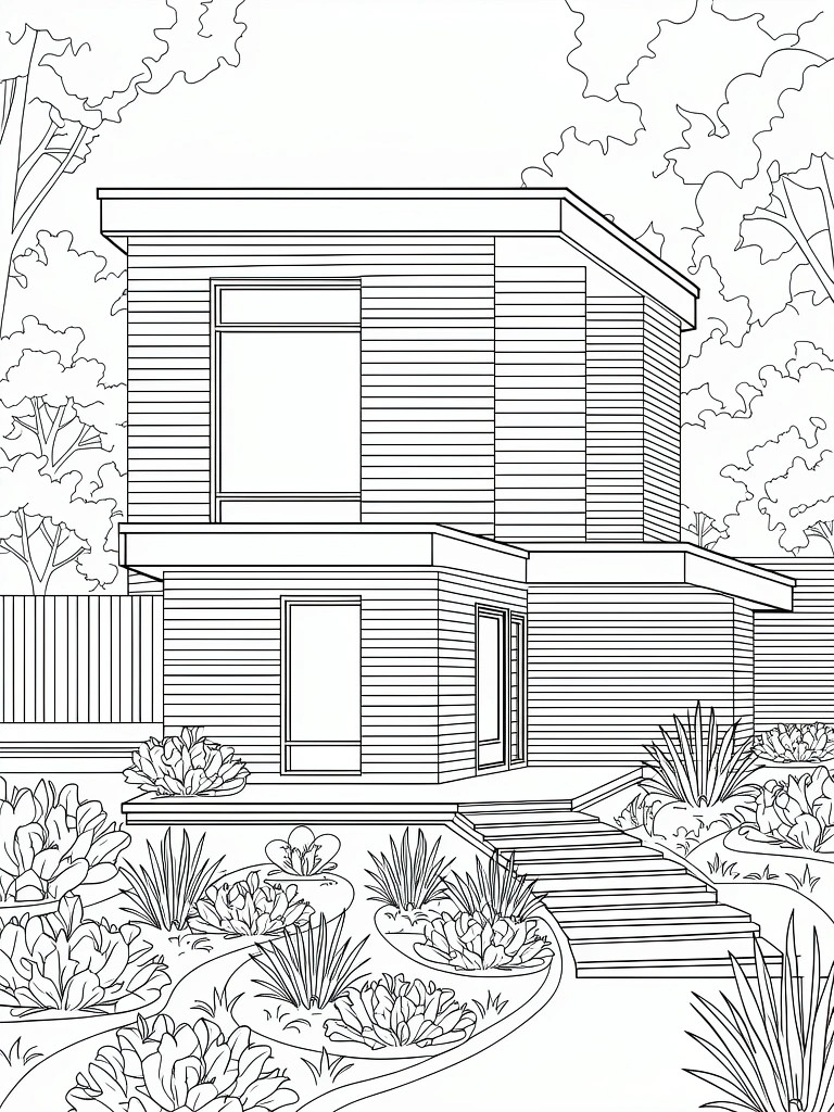 Line drawing of a modern house with wood cladding, large windows, steps, plants, trees, and fence.