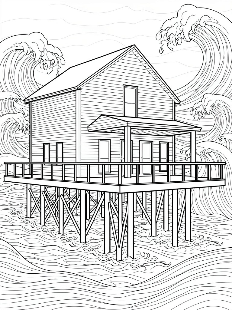 Line drawing of a house on stilts elevated above large crashing waves with intricate wave patterns.