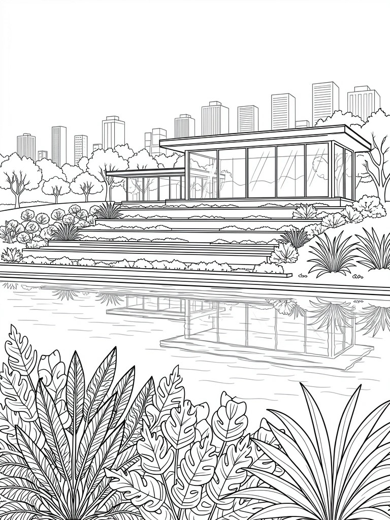 Line art of modern terraced house with glass walls above a reflecting pool, tropical plants in front, trees, and city skyline behind.