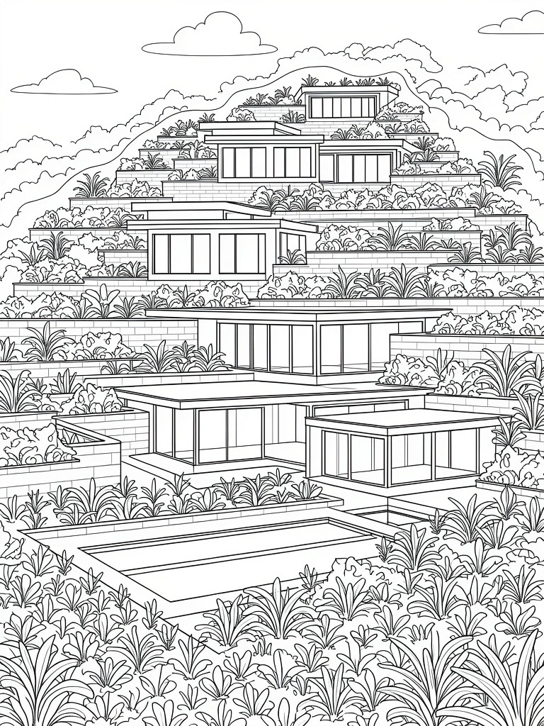 Line art coloring page of multi-level modern houses terraced into a green hillside with plants, pool, and clouds.