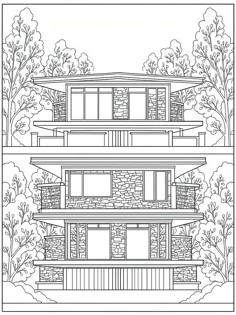 Black and white line drawing of two modern houses with stone walls, large windows, and decks, framed by tall stylized trees in upper and lower panels.