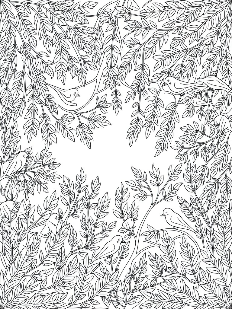 Black and white line art of birds on branches inside a leafy border frame.