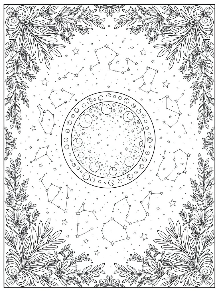 Line art coloring page of a central full moon with craters, surrounded by stars, constellations, and an outer border of detailed leaves and vines.