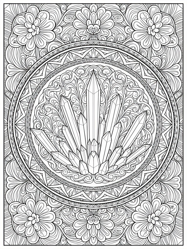 Black and white line drawing of a central cluster of faceted crystals surrounded by a symmetrical floral mandala and ornate borders.