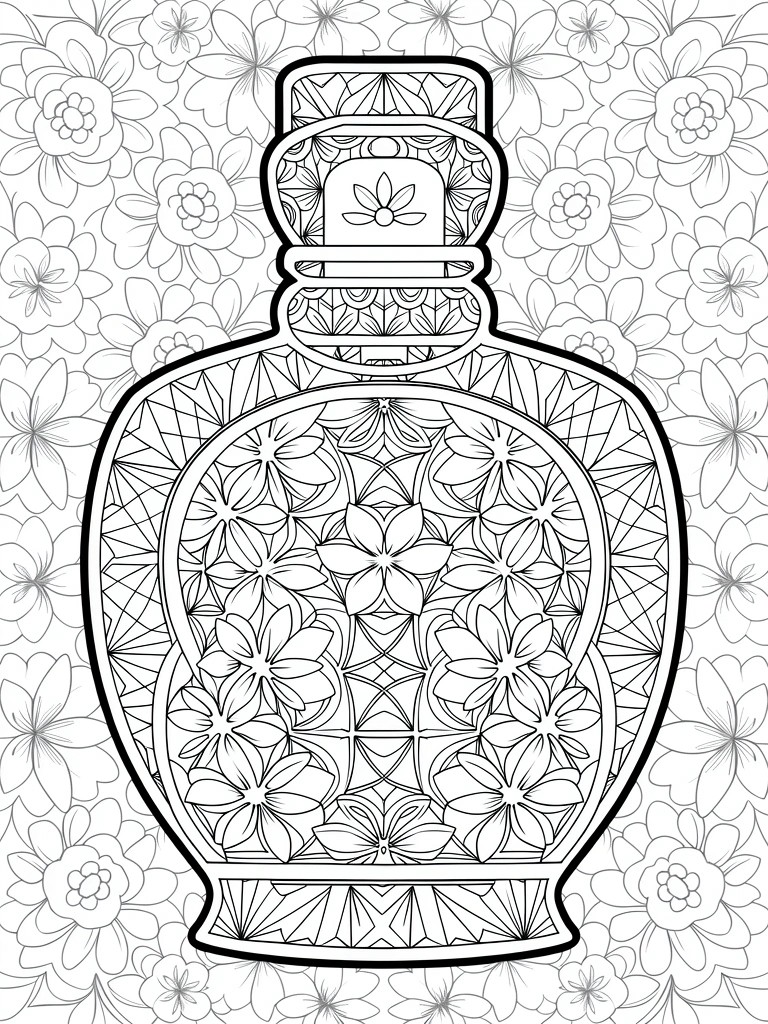 Line art of a decorative vase covered in intricate floral and geometric patterns against a background of small flowers.