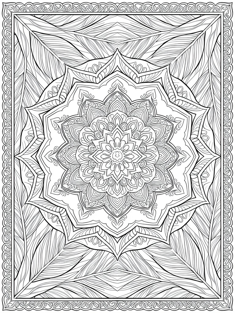 Black line art coloring page of a highly detailed symmetrical floral mandala centered in a square with ornate feathered border.