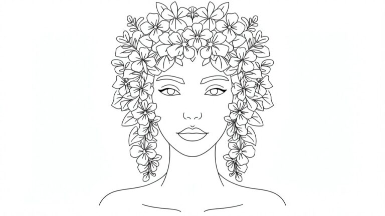 25 Printable Aesthetic Coloring Pages You Will Love Saving Line drawing of a woman's outlined face with a detailed crown of roses, leaves, vines, and dangling floral earrings.