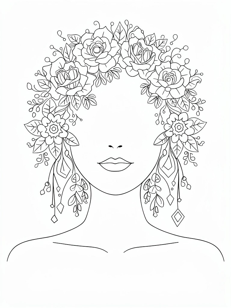 Line drawing of a woman's outlined face with a detailed crown of roses, leaves, vines, and dangling floral earrings.