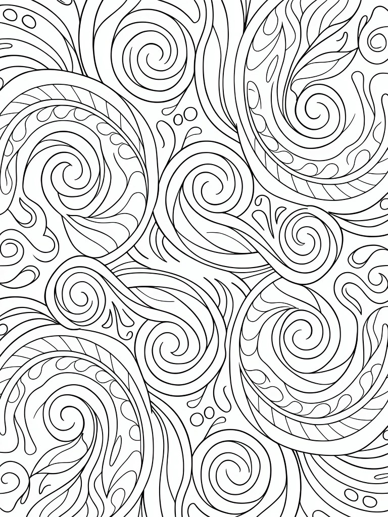 Black and white line art of dense, swirling vines, leaves, and curls covering the entire page.
