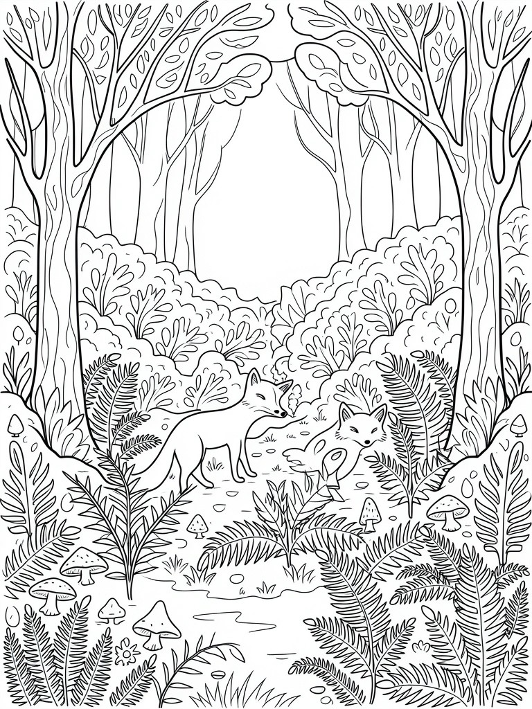 Line art coloring page featuring two foxes in a forest path framed by arched trees, ferns, bushes, and mushrooms.
