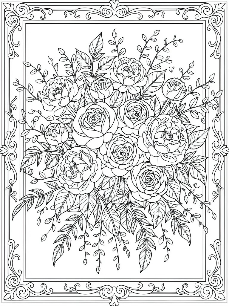 Black line drawing of a dense bouquet of roses and peonies with leaves inside an ornate rectangular frame.