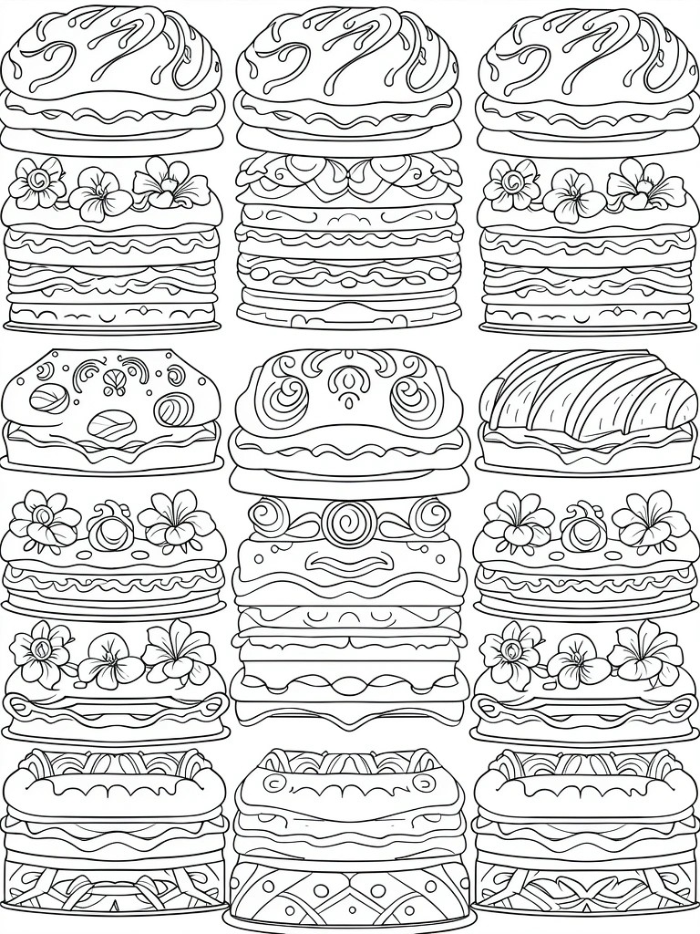 Grid arrangement of twelve black line art illustrations featuring stacked cakes with decorative swirls, flowers, and layered patterns.