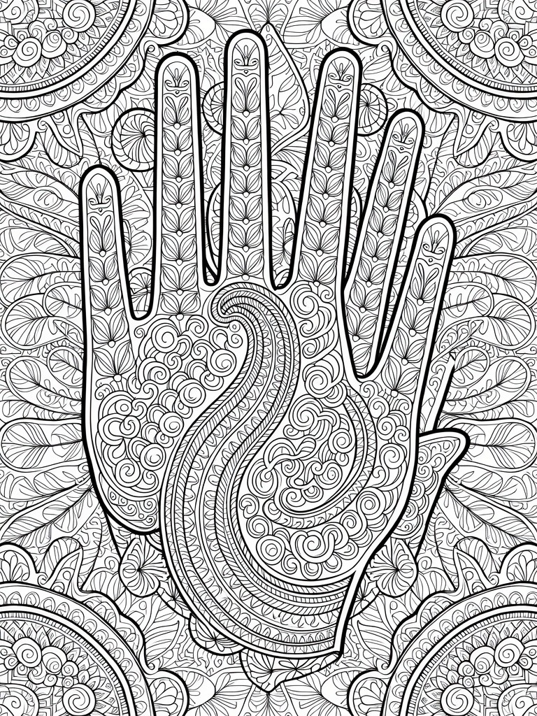 Black and white line art of two hands intertwined with intricate henna patterns, swirls, and mandala borders.
