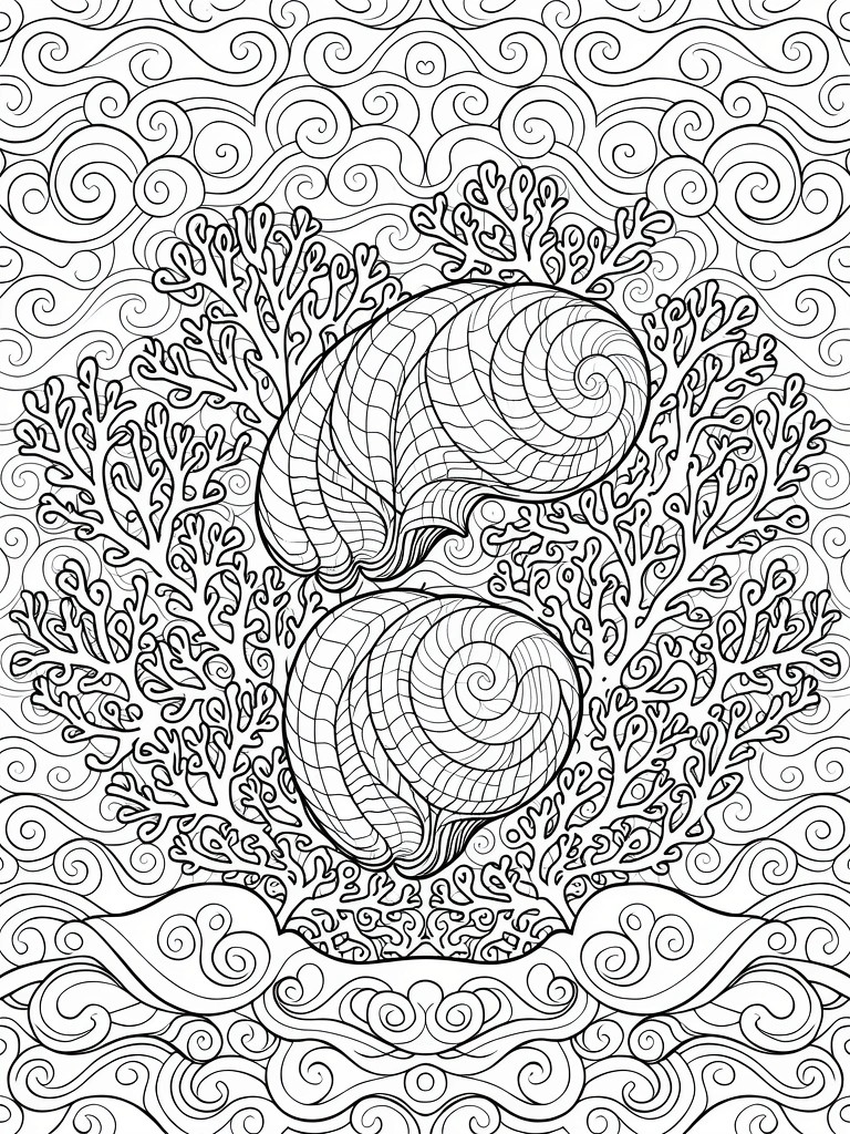 Black and white line drawing of two large spiral seashells surrounded by branching coral and swirling wave patterns.