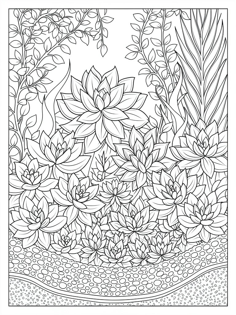 Line art coloring page featuring a dense cluster of succulents, vines, and leaves rising from a pebbled base.