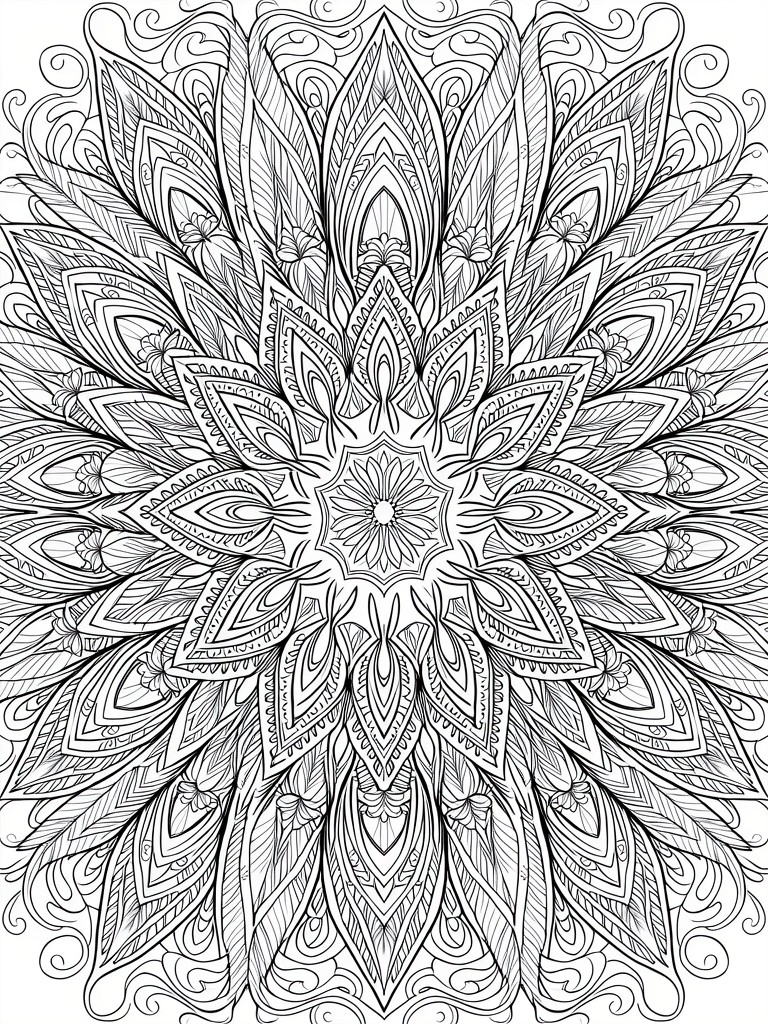 Black and white line art of a symmetrical mandala with layered floral petals, leaves, and swirling patterns.
