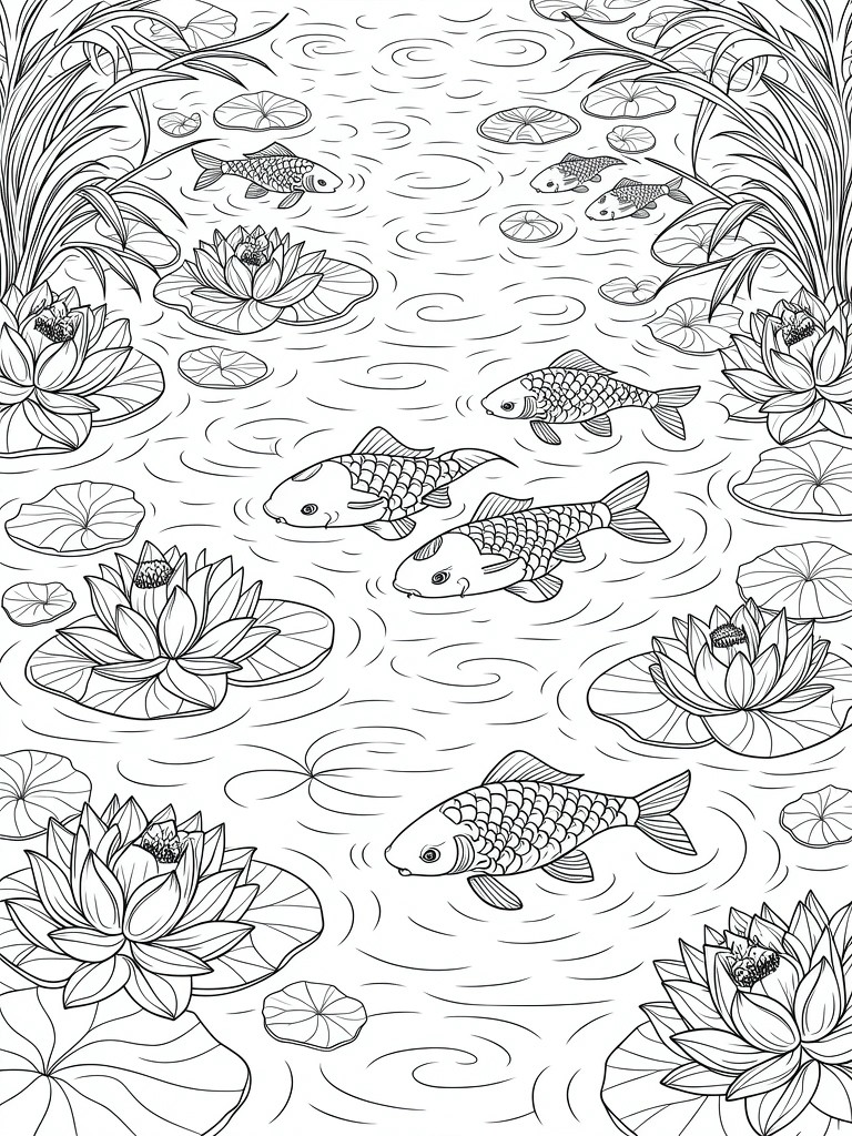 Line drawing of colorful koi fish swimming through a pond with lily pads, reeds, and water swirls.