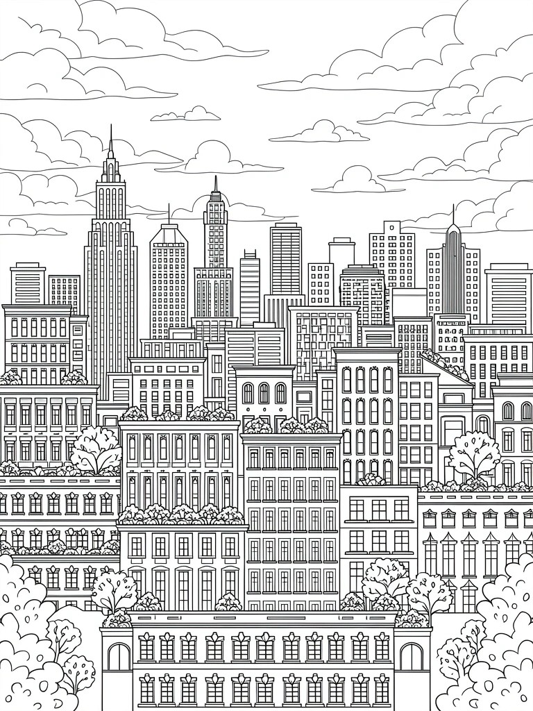Line drawing of a detailed city skyline featuring skyscrapers, ornate buildings, trees, and clouds in black and white.