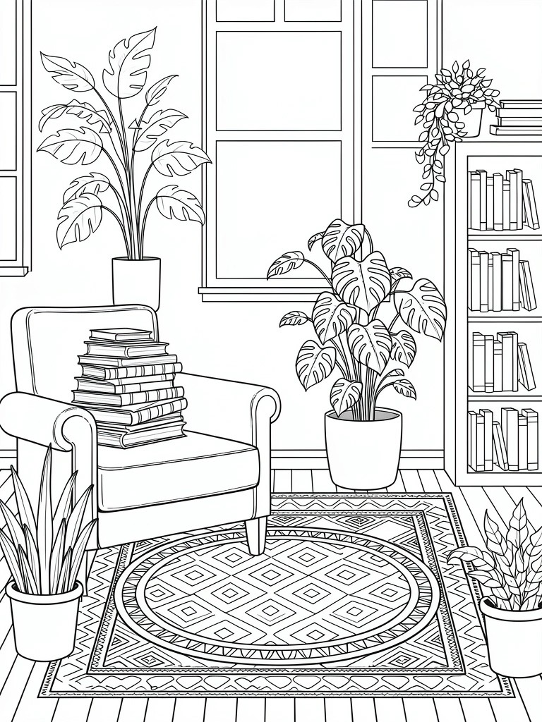 Line drawing of room corner with armchair stacked with books, potted tropical plants, window, patterned rug, and bookshelf.