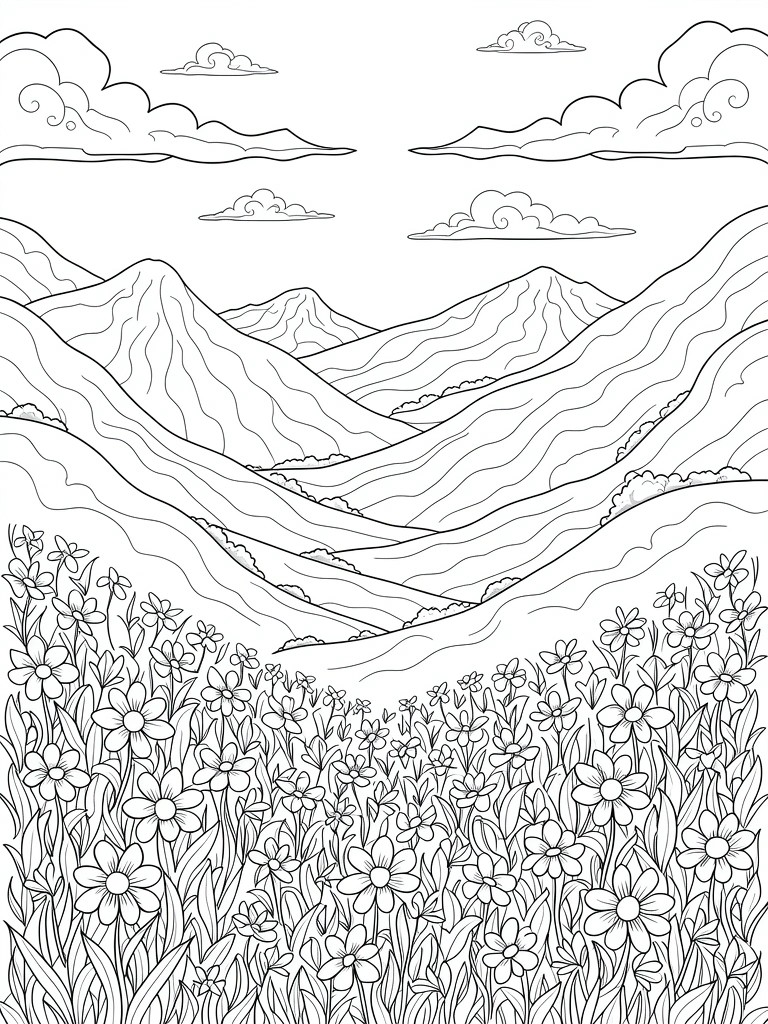 Line art of distant mountains, midground valleys, a flower-filled foreground valley, and scattered clouds.