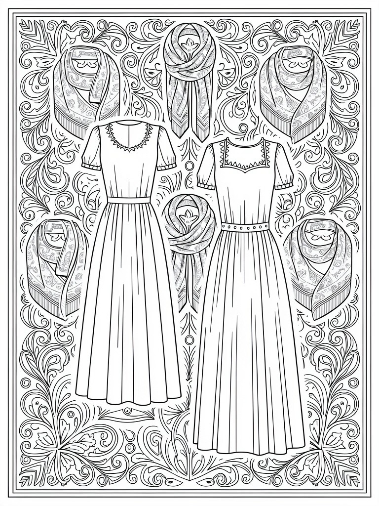 Line art coloring page featuring two long dresses with shawls amid intricate floral borders.