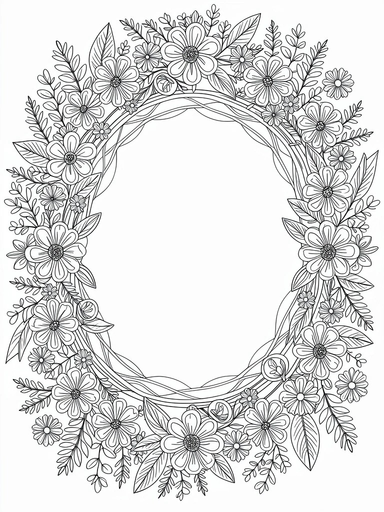 Black line art of an oval frame bordered by detailed flowers, leaves, and vines.