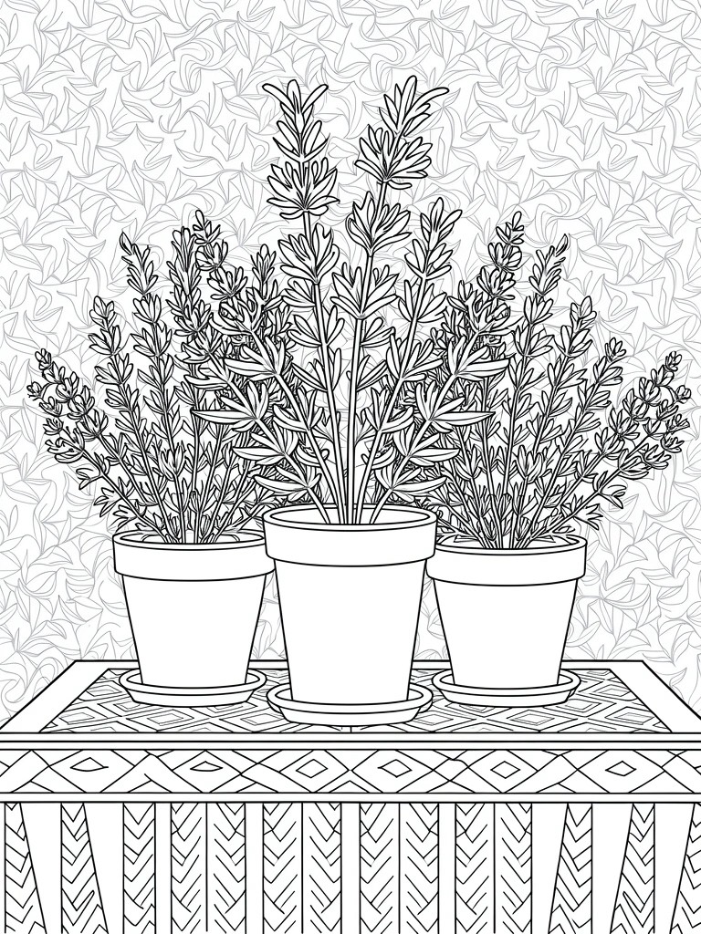 Line art of three potted lavender plants on a table with geometric base and leafy background pattern.
