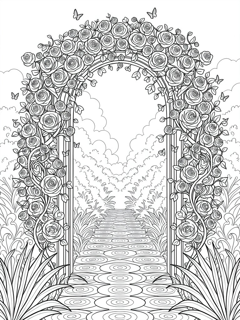 Black and white line drawing of a rose-covered arched gateway leading down a winding path flanked by grass, vines, butterflies, and cloudy skies.