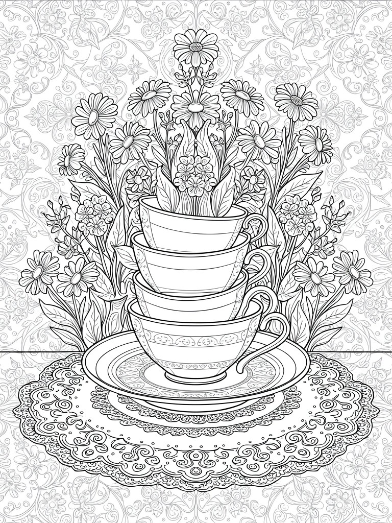 Line drawing of stacked teacups overflowing with daisies on a doily against a patterned background.
